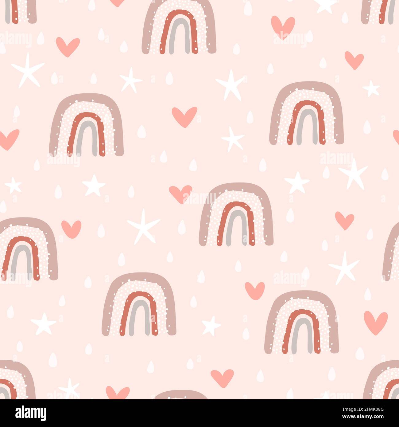 Vector seamless pattern with hand drawn cute rainbows, hearts, stars ...