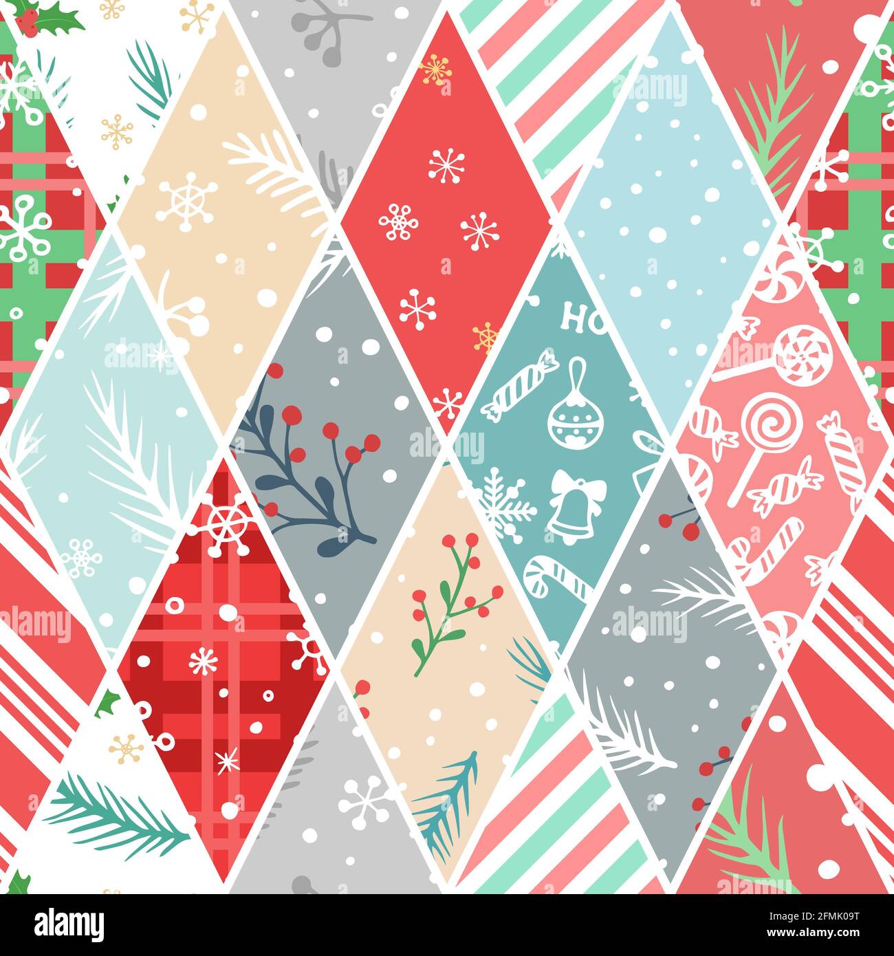 Vector seamless pattern in patchwork style with hand drawn Christmas elements. Cute design for wrappings, textile and backgrounds Stock Photo