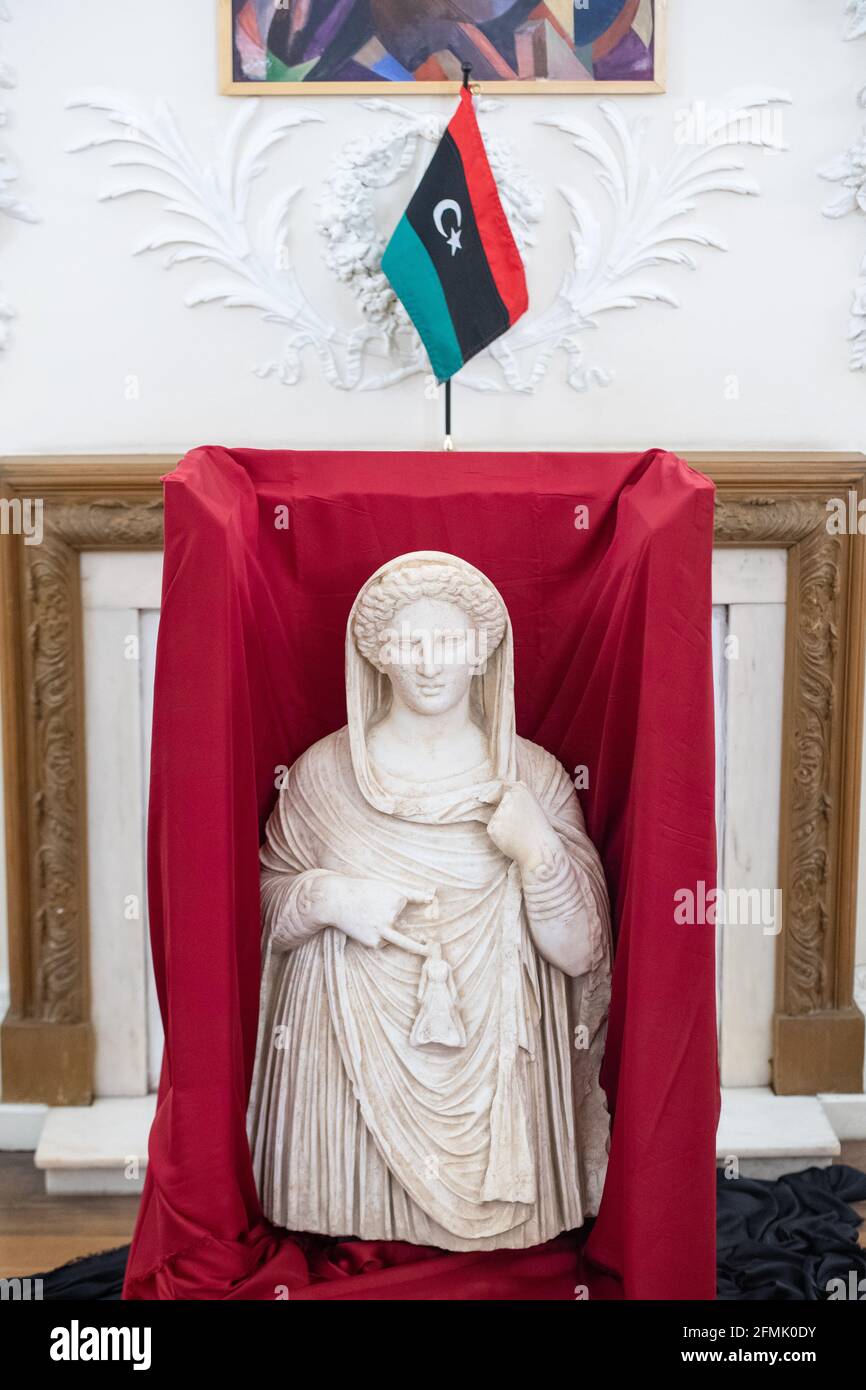General view of a second century funerary statue depicting Demeter or Persephone at the Libyan Embassy, central London. The statue is being returned with help from the government, the Libyan Embassy and the British Museum after it was seized by HMRC when it was brought into the UK from Libya illegally by a dealer. Issue date: Monday May 10, 2021. Stock Photo