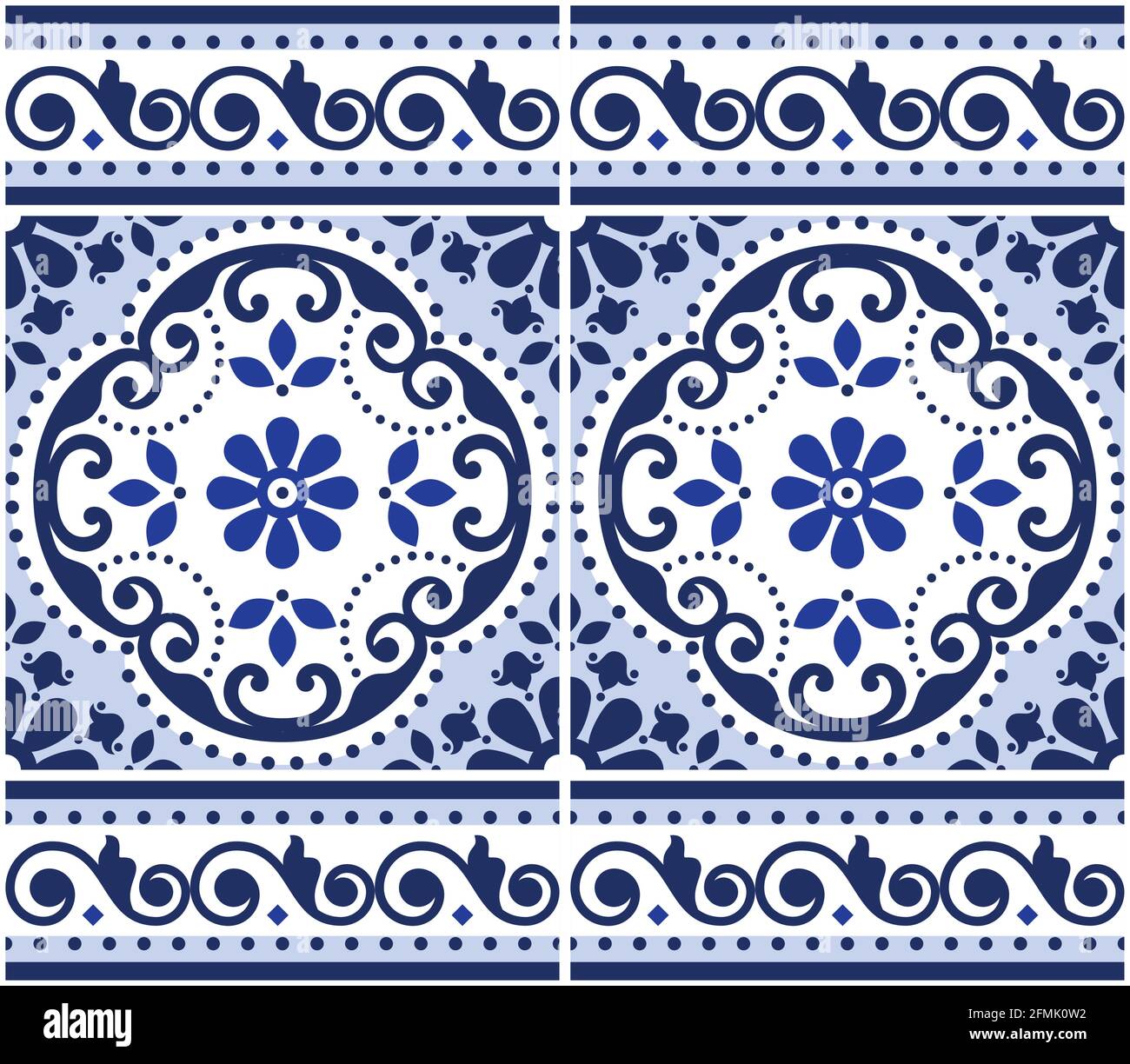 Lisbon Azulejo tiles seamless vector pattern with frame or border, Portuguese indigo retro design with flowers, swirls and geometric shapes Stock Vector