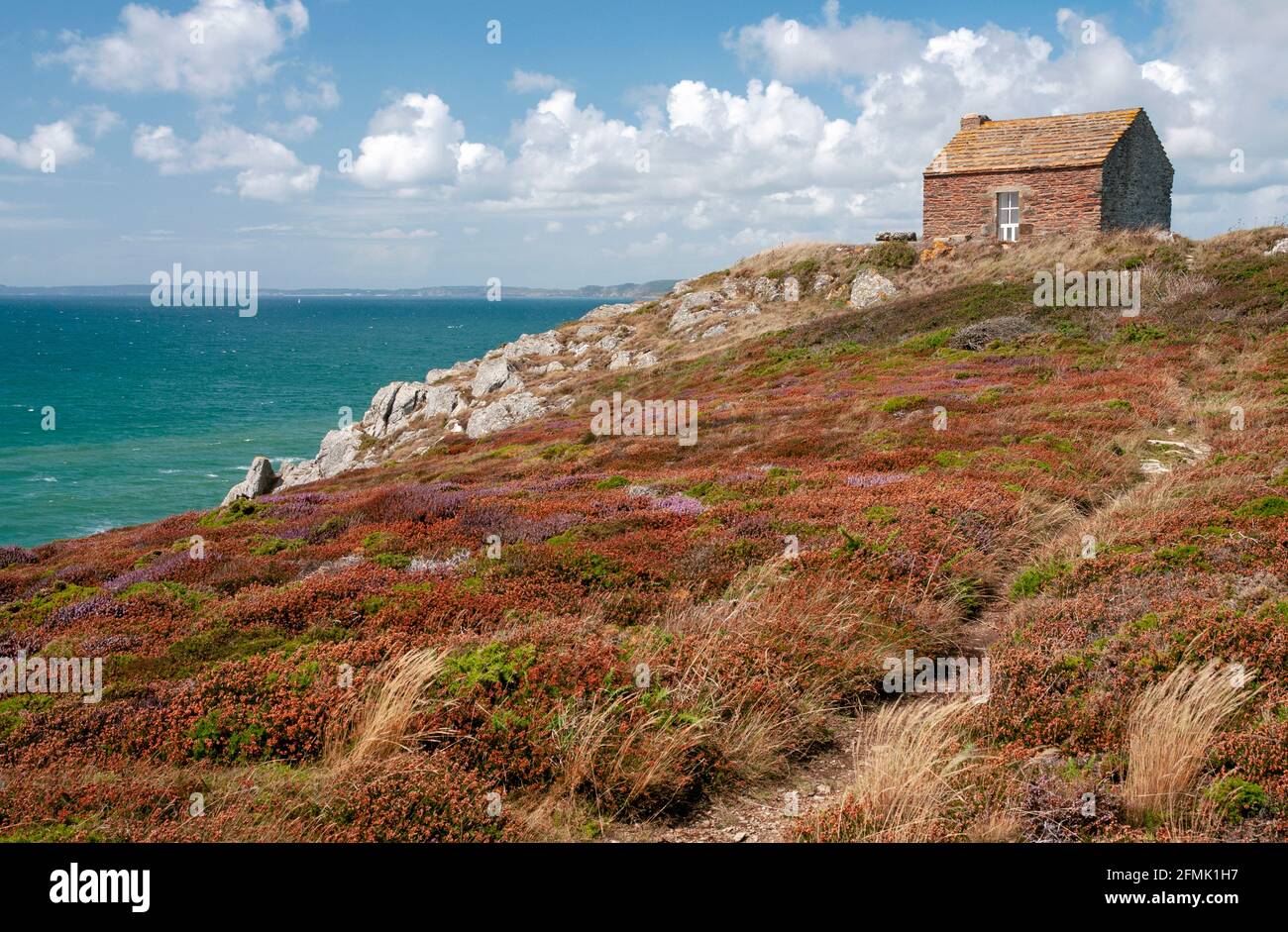 Stone house at the Pointe de Tal ar Grip, Finistere (29), Brittany, France Stock Photo