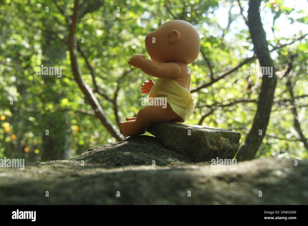 Spooky baby doll sitting on a rock into the woods Stock Photo