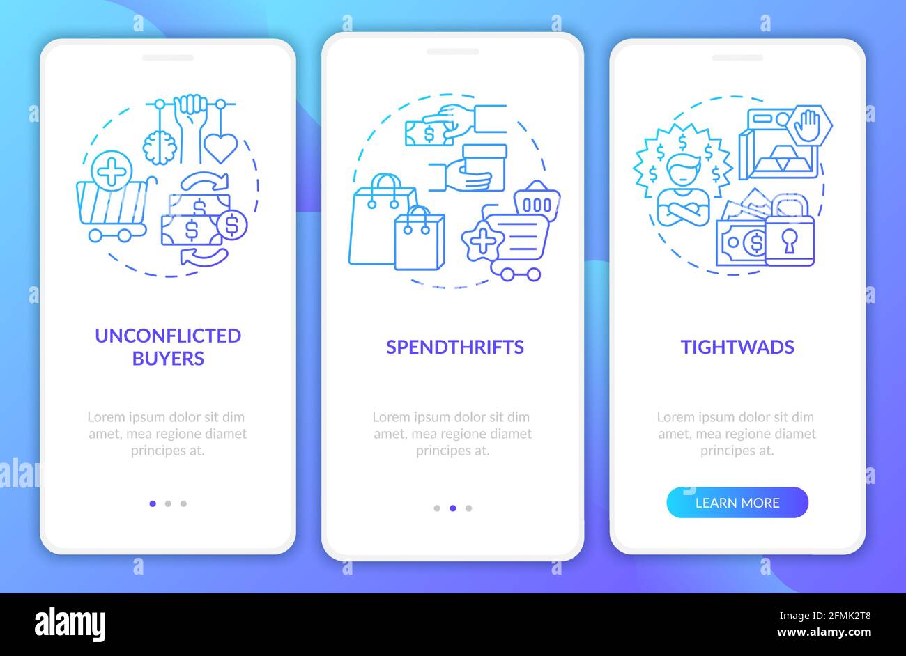 Consumers types onboarding mobile app page screen with concepts Stock Vector