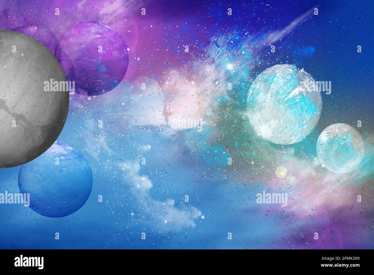 Planets and stars, constelations and Universe Nebula on Milky Way. Scientific futuristic esoteric 3d background. Stock Photo