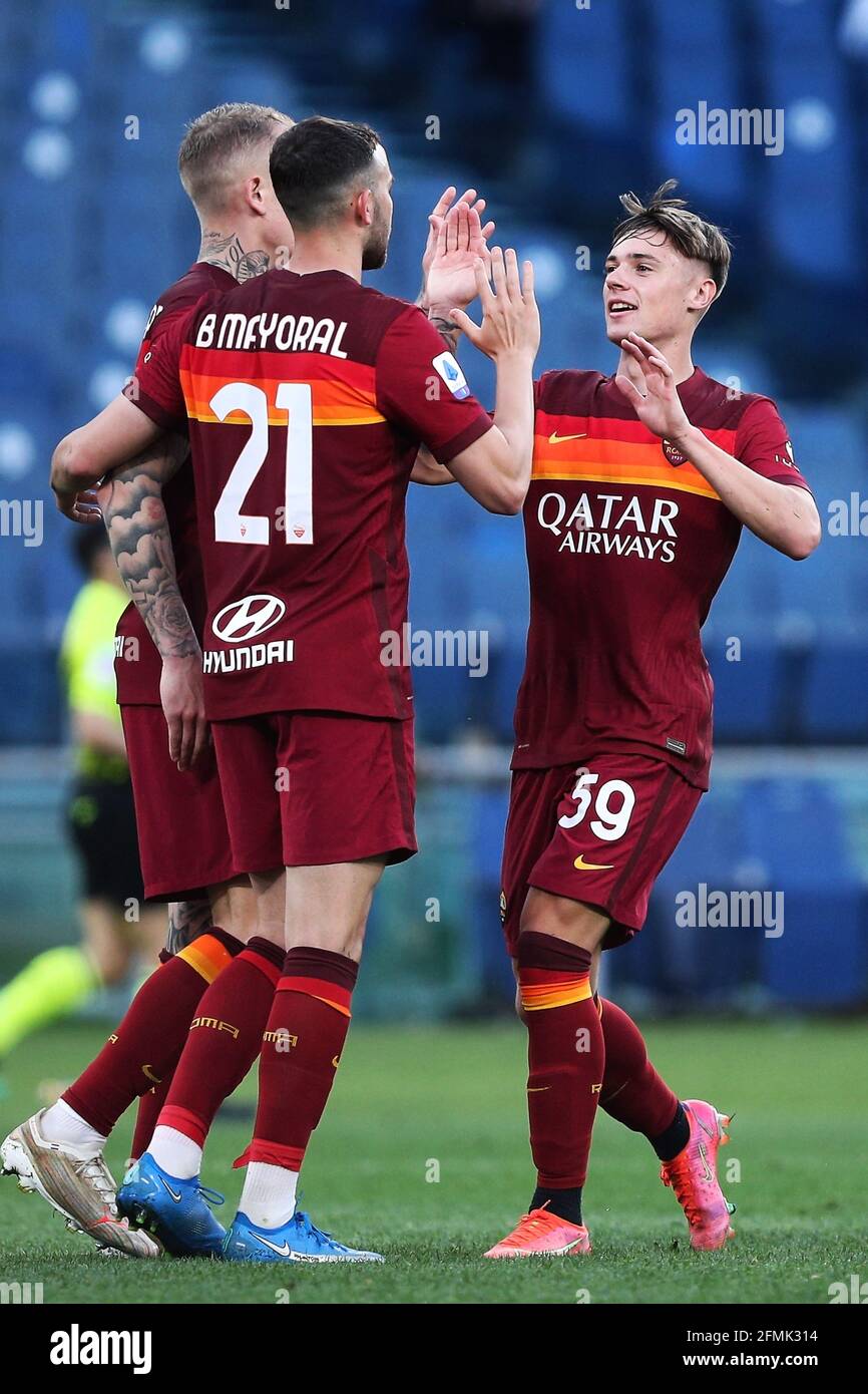 Borja Mayoral Of Roma L Celebrates With Nicola Zalewski R After Scoring 5 0 Goal During The Italian Championship Serie A Football Match Between As Roma And Fc Crotone On May 9 21 Borja Mayoral Of Roma L Celebrates With Nicola Zalewski R After Scoring 5 0 Goal During The Italian Championship Serie A Football Match Between As Roma And Fc Crotone On May 9 21