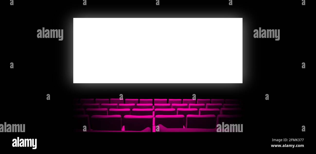 Cinema movie theatre with pink velvet seats and a blank white screen ...