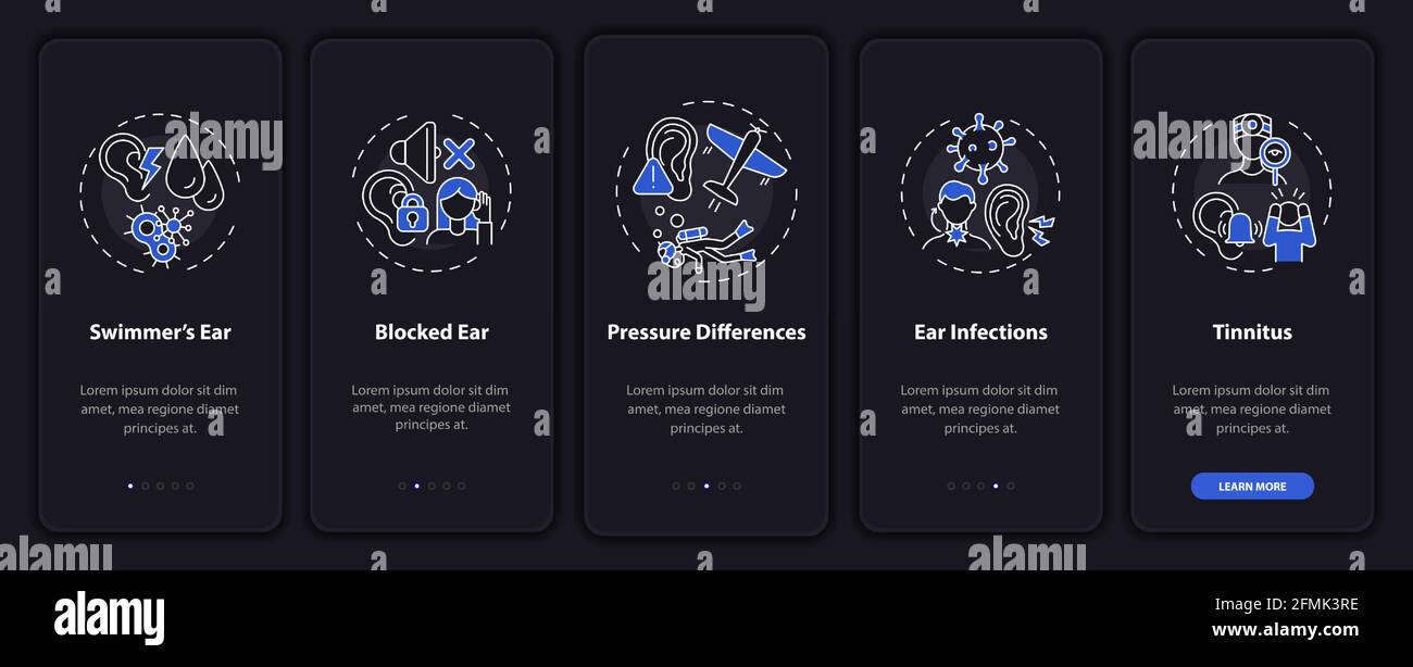 Common ear conditions onboarding mobile app page screen with concepts Stock Vector