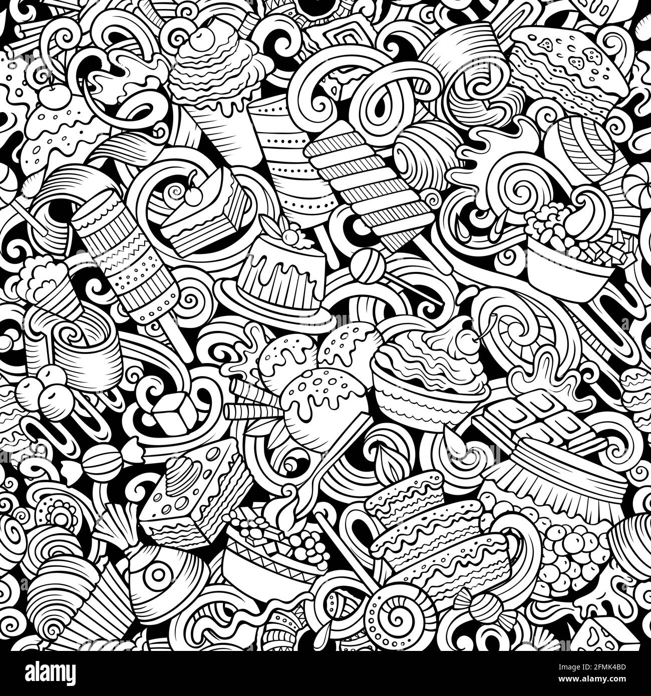 Cartoon doodles Desserts seamless pattern. Backdrop with sweet food symbols and items. Sketchy detailed background for print on fabric, wrapping paper Stock Vector
