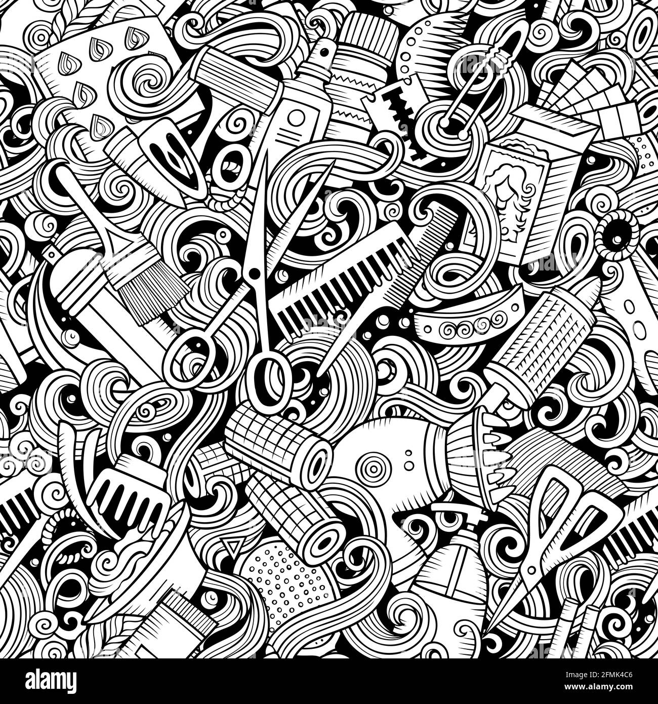 Hair Salon hand drawn doodles seamless pattern. Hairstyle background