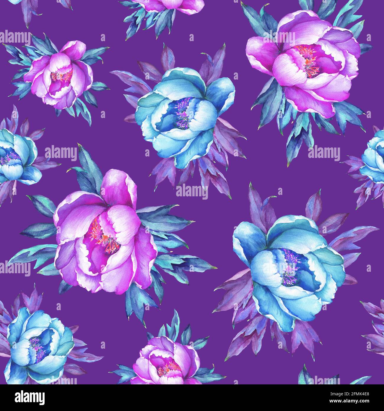 Floral seamless pattern with flowering pink and blue peonies, on dark ...