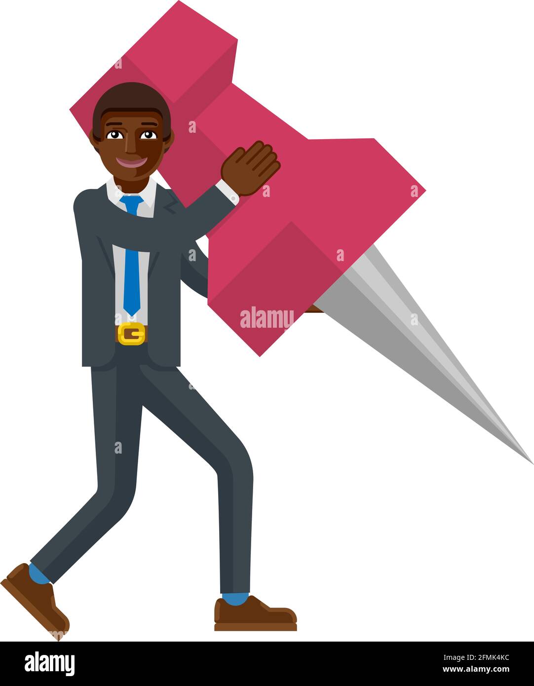 Black Business Man Holding Thumb Tack Pin Mascot Stock Vector
