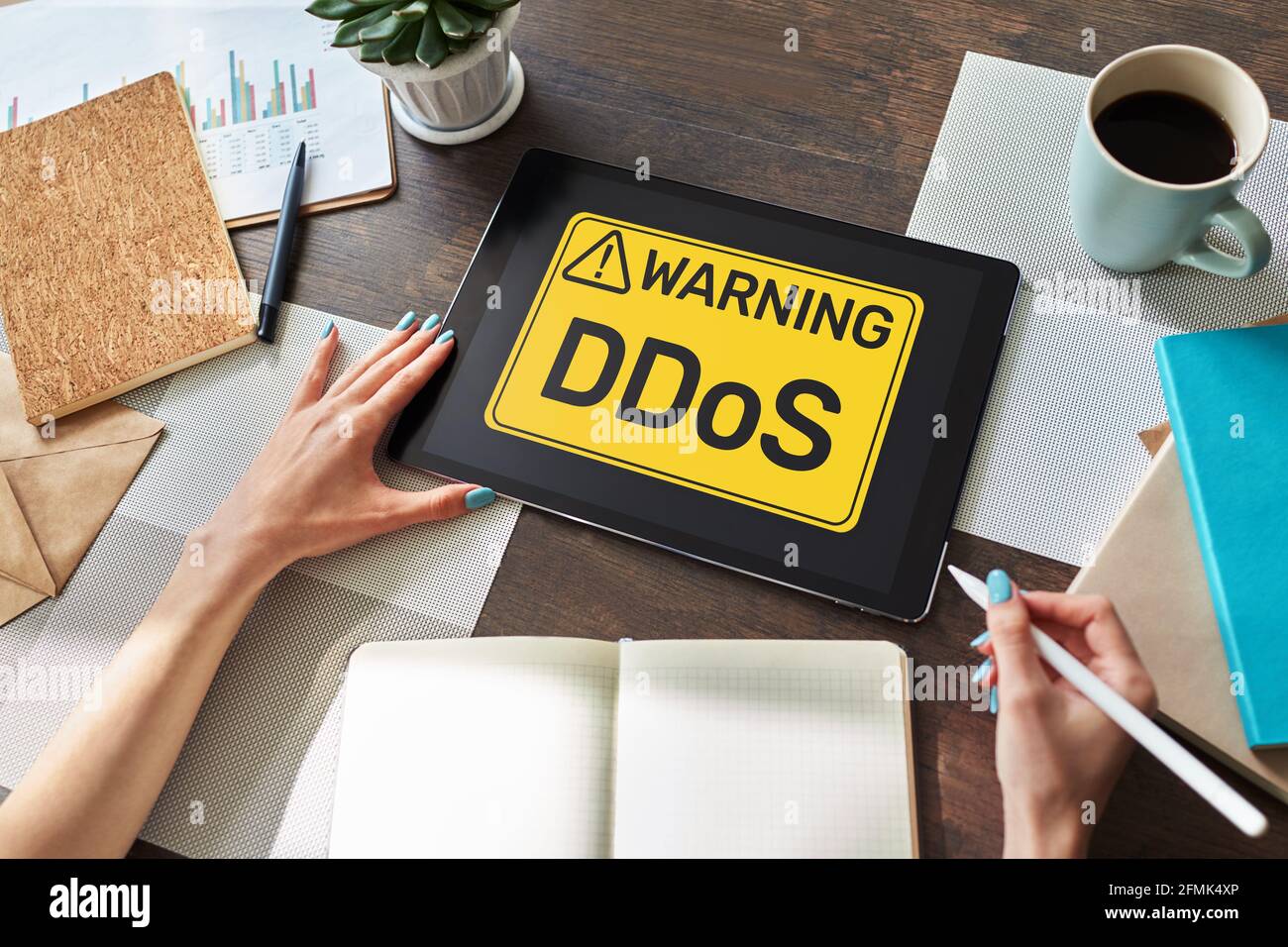 DDoS attack detection message. Virus and Hacking. Cyber security and internet concept Stock Photo
