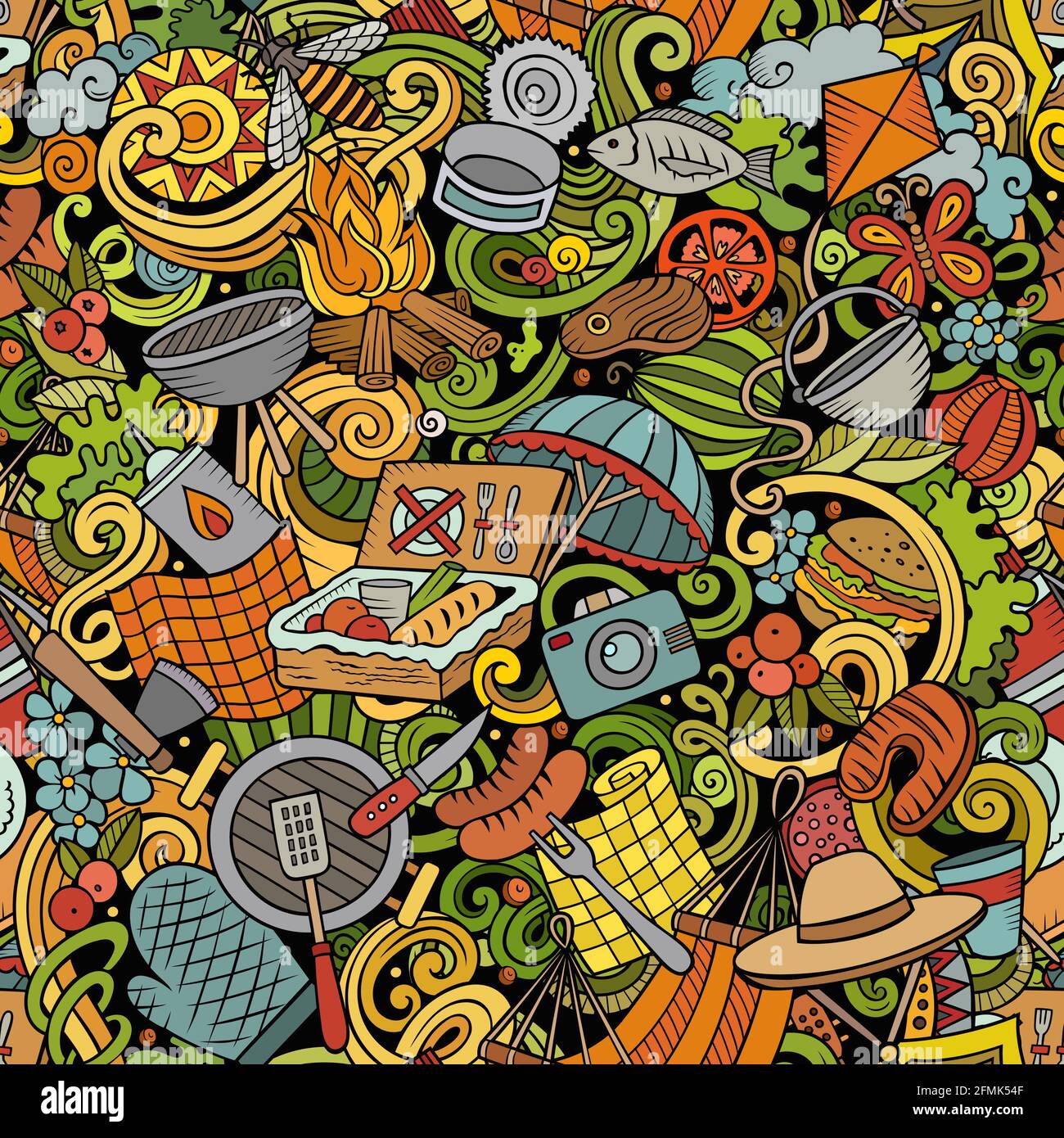 Picnic hand drawn doodles seamless pattern. BBQ background. Stock Vector