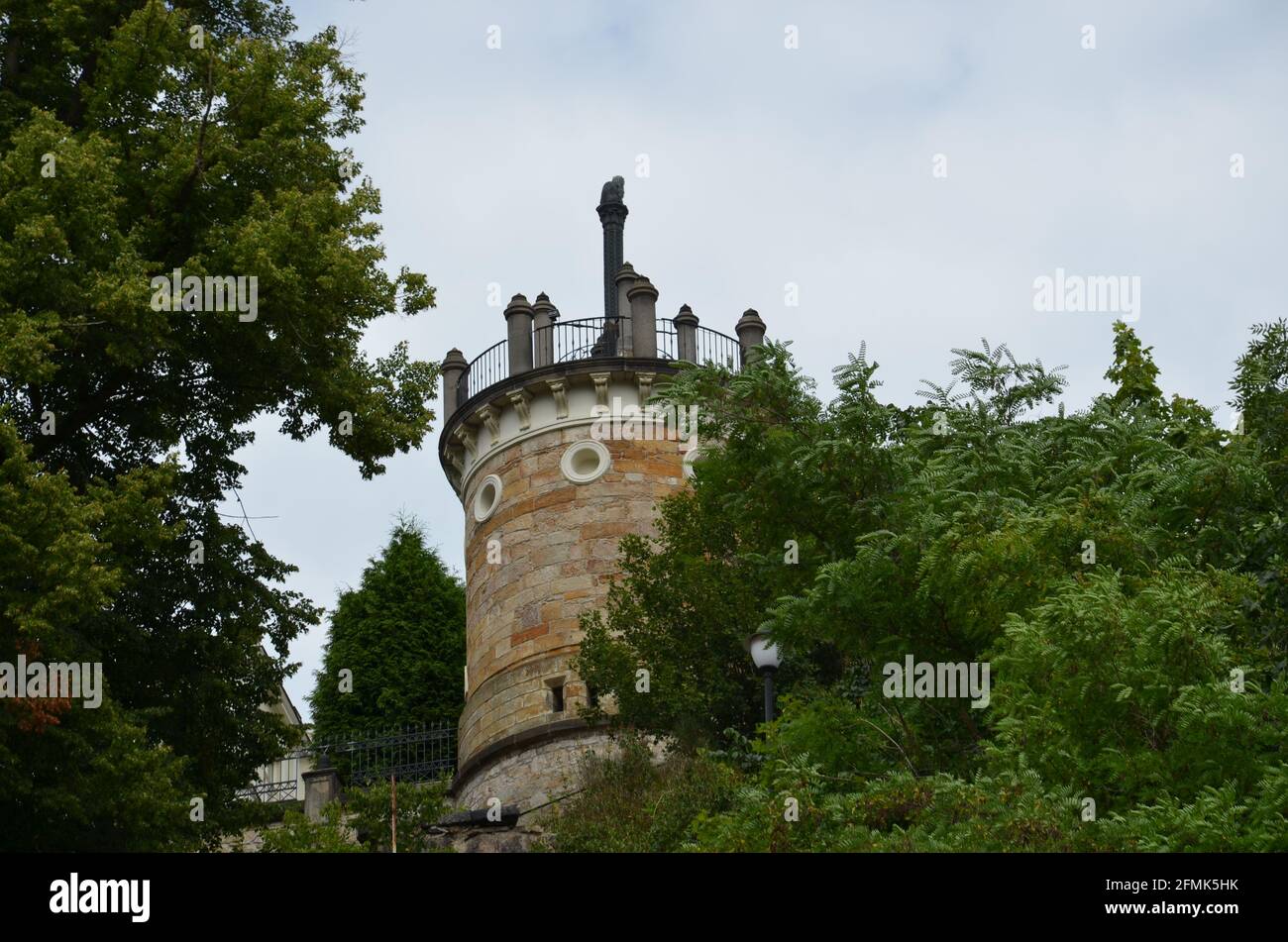 tower with a cat Karlovy Vary, the cat on the tower, cat back to town Stock Photo
