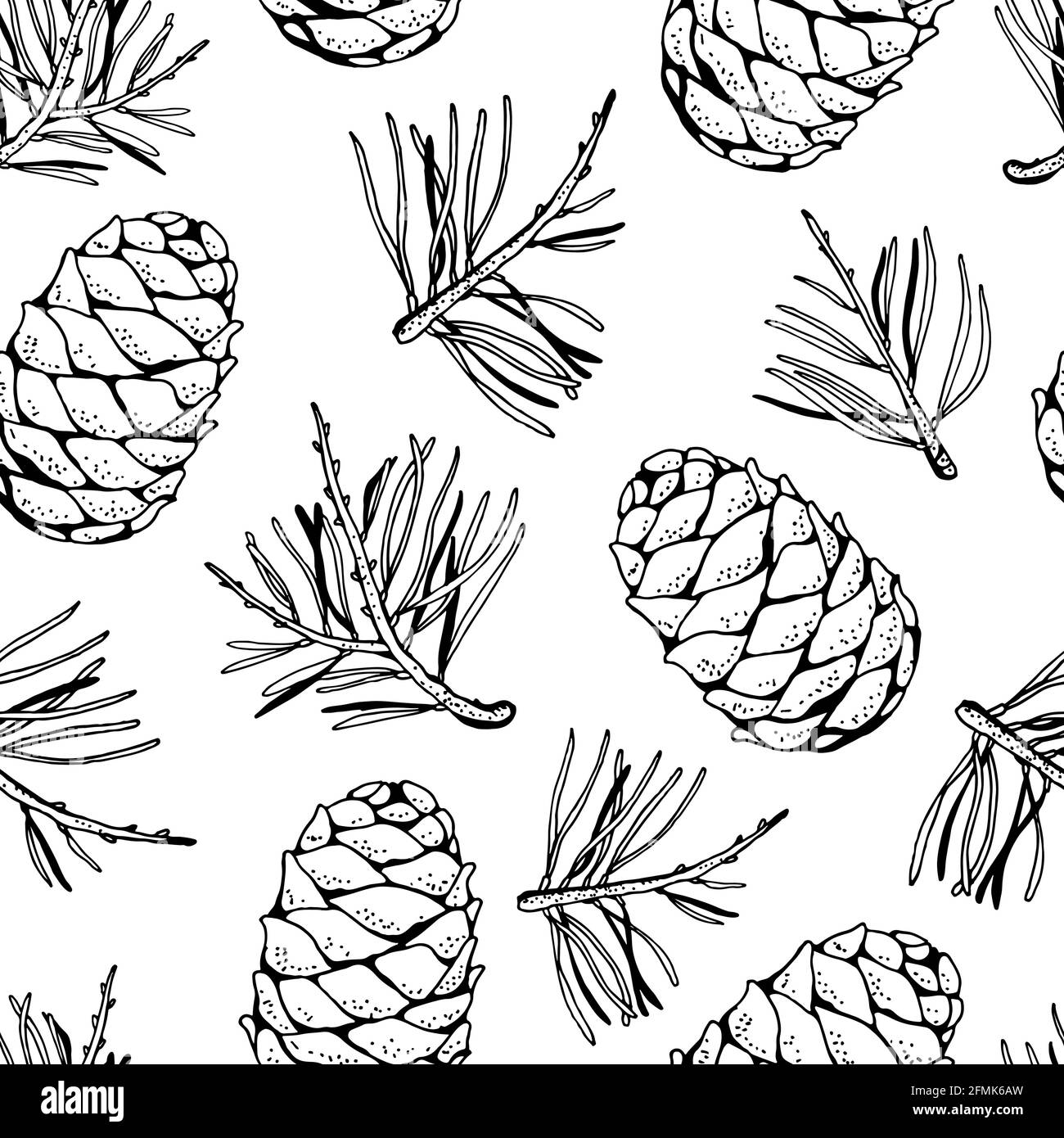 Pine cedar cone with a sprig, vector seamless hand drawn background Stock Vector