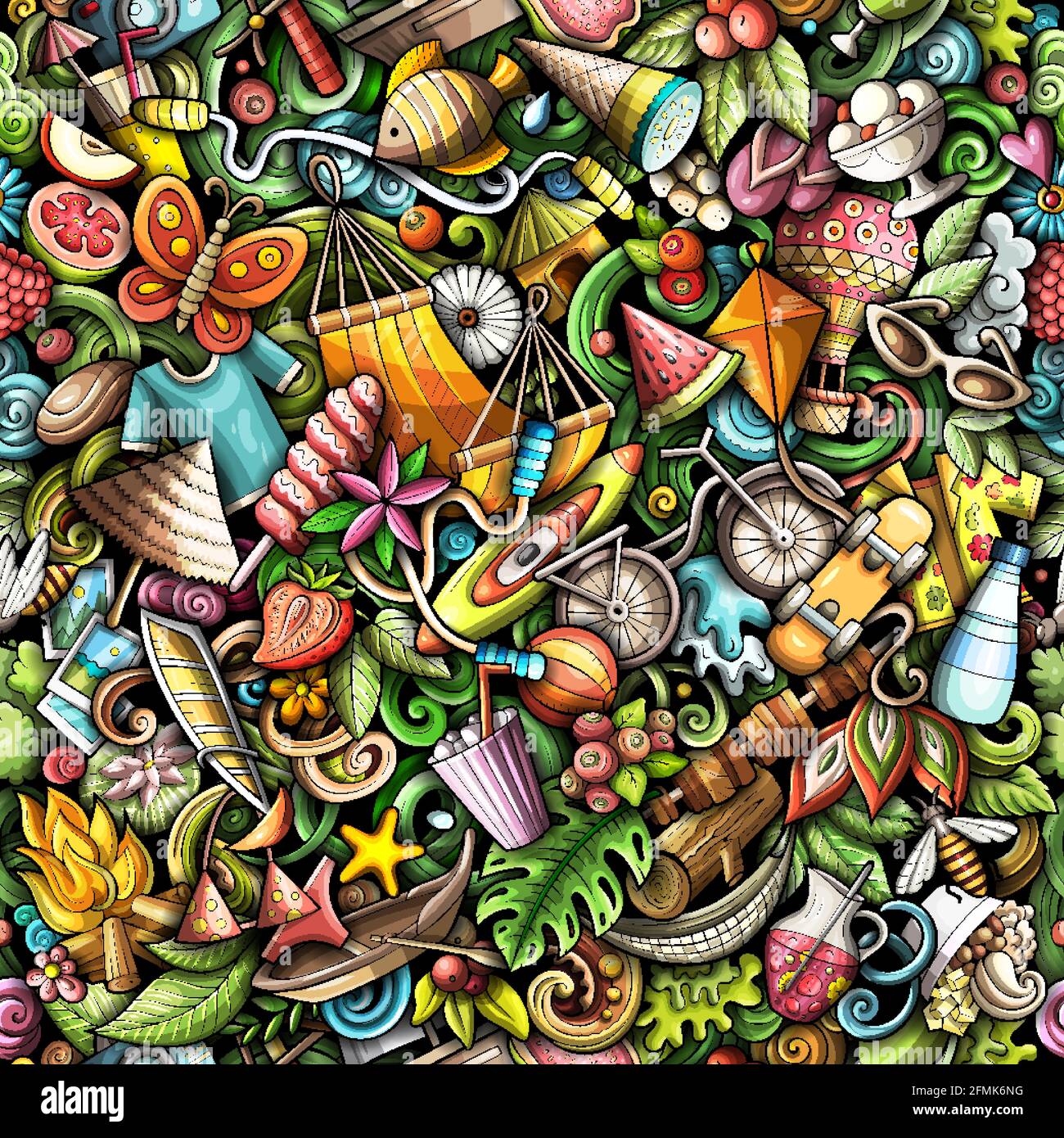 Cartoon doodles Summer seamless pattern. Stock Vector