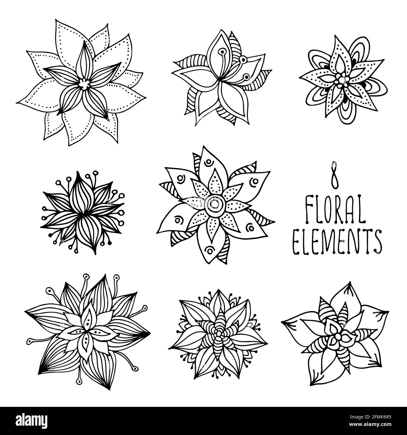 Flower doodle elements collection, vector hand drawn floral set Stock ...
