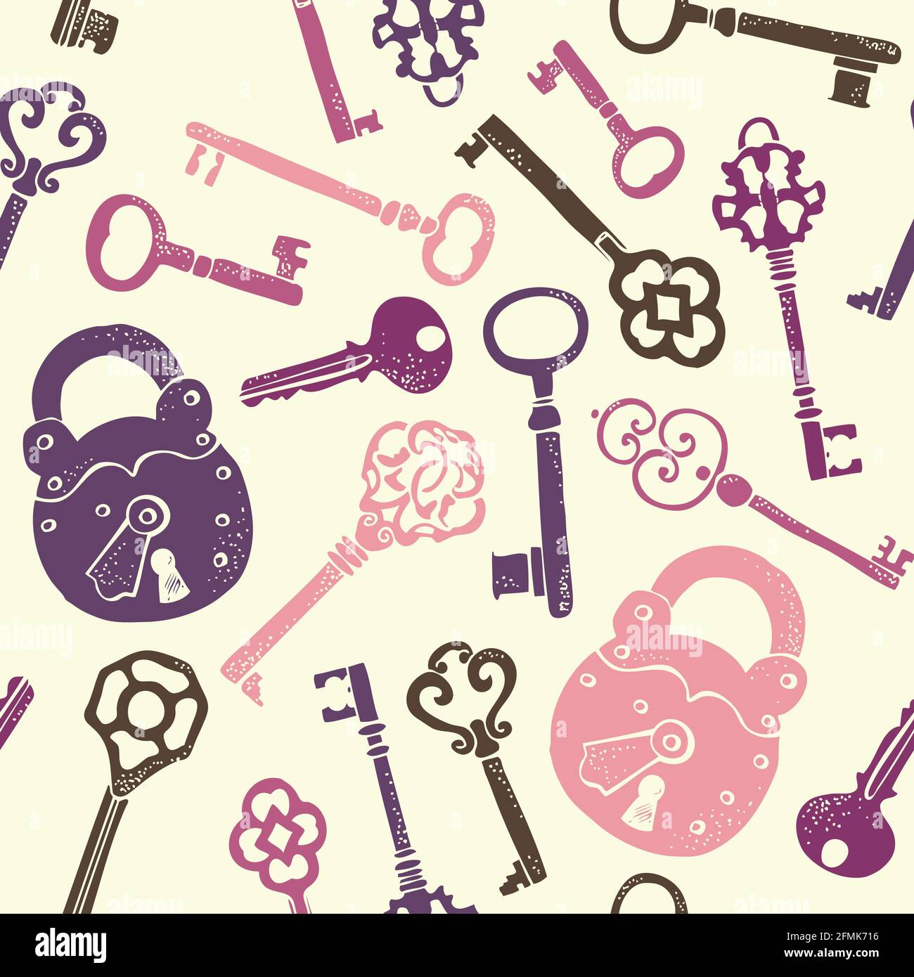 Keys vintage seamless pattern, old keys vector background with decorative elements in retro style Stock Vector