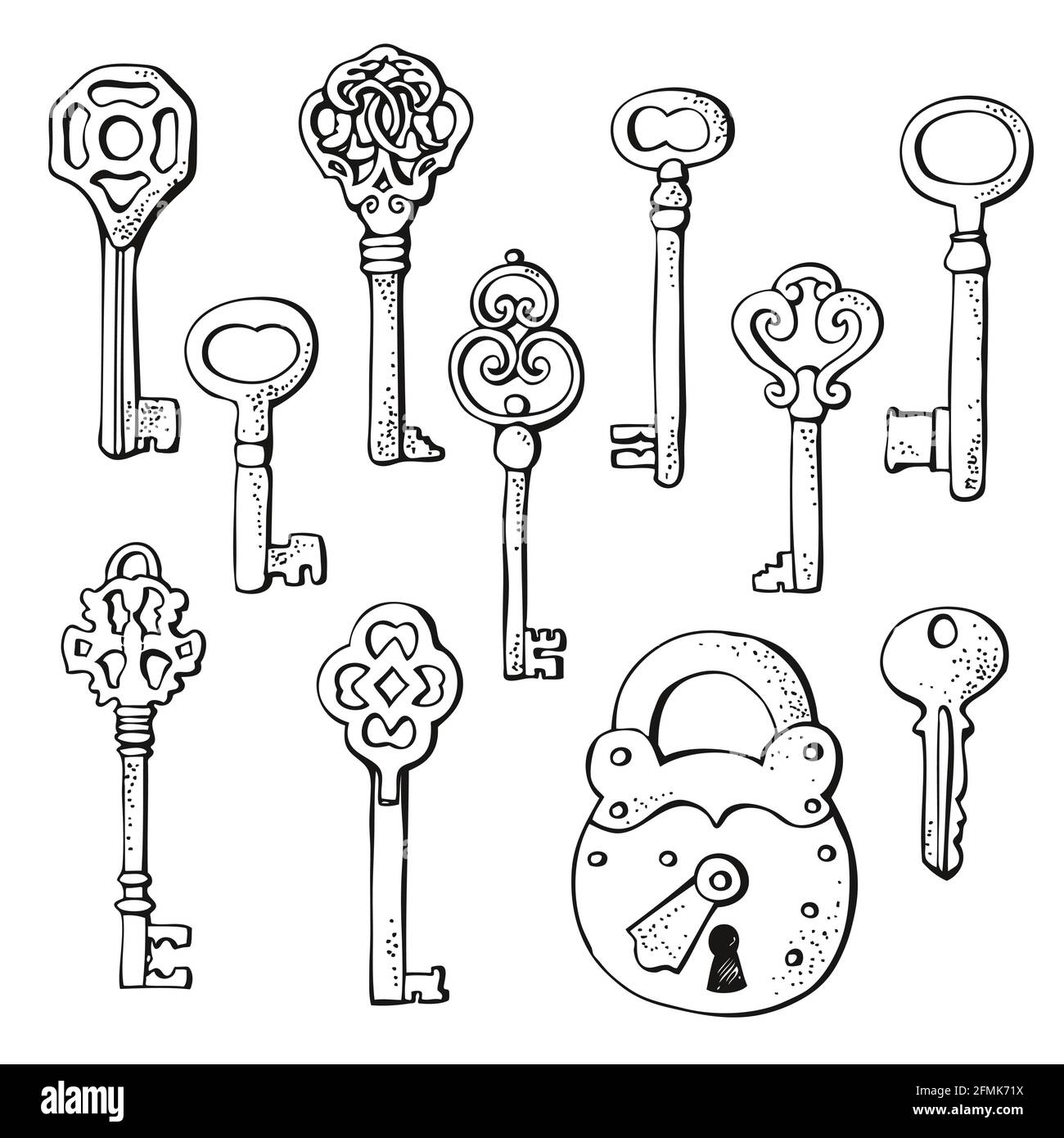 Keys vintage collection, old keys vector set with decorative elements in retro style Stock Vector