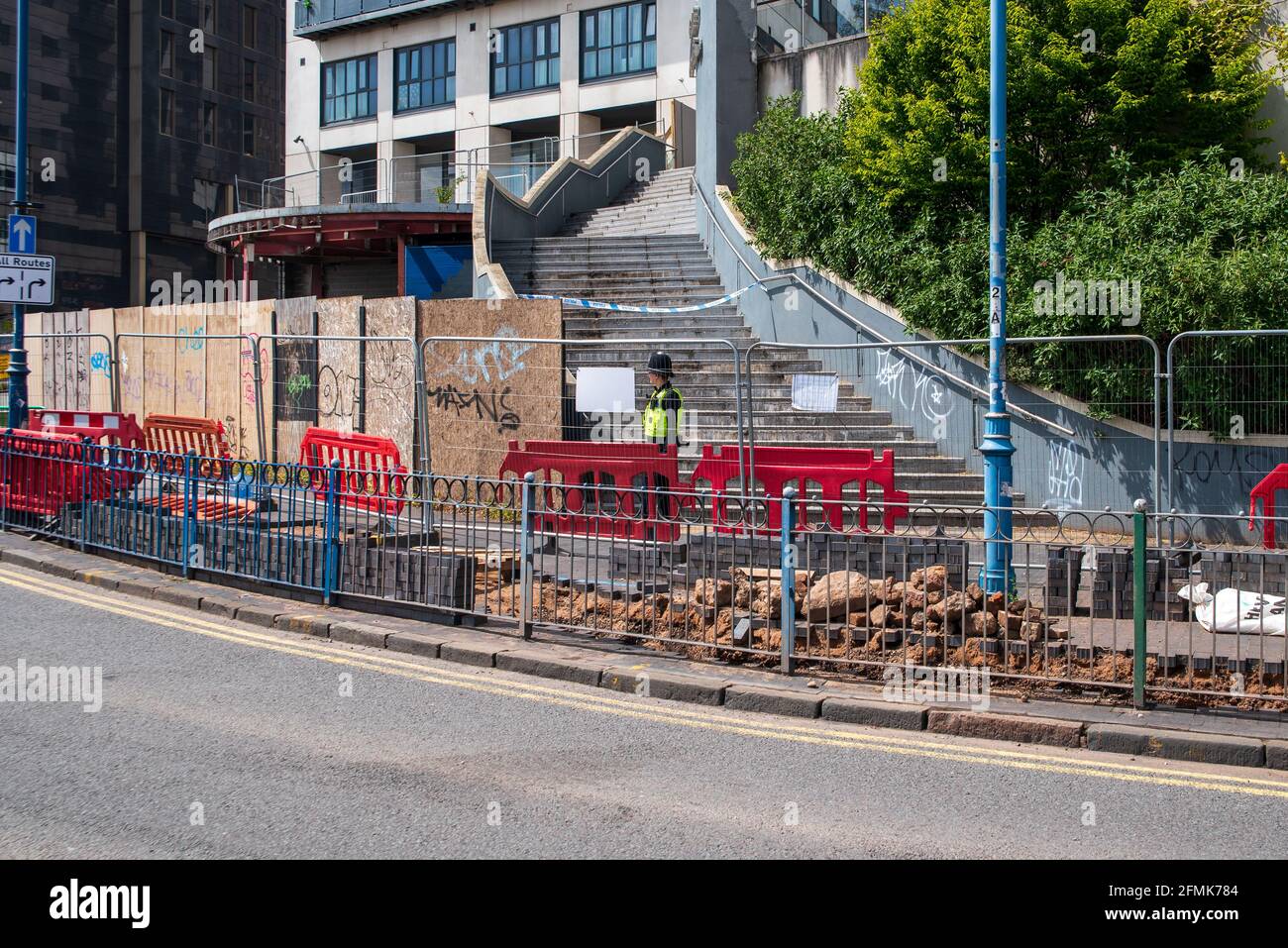 Birmingham, UK. 10th May 2021: West Midlands Police are investigating after human remains were discovered under a pavement by construction workers on Sunday morning (9th May 2021). Credit: Ryan Underwood / Alamy Live News Stock Photo