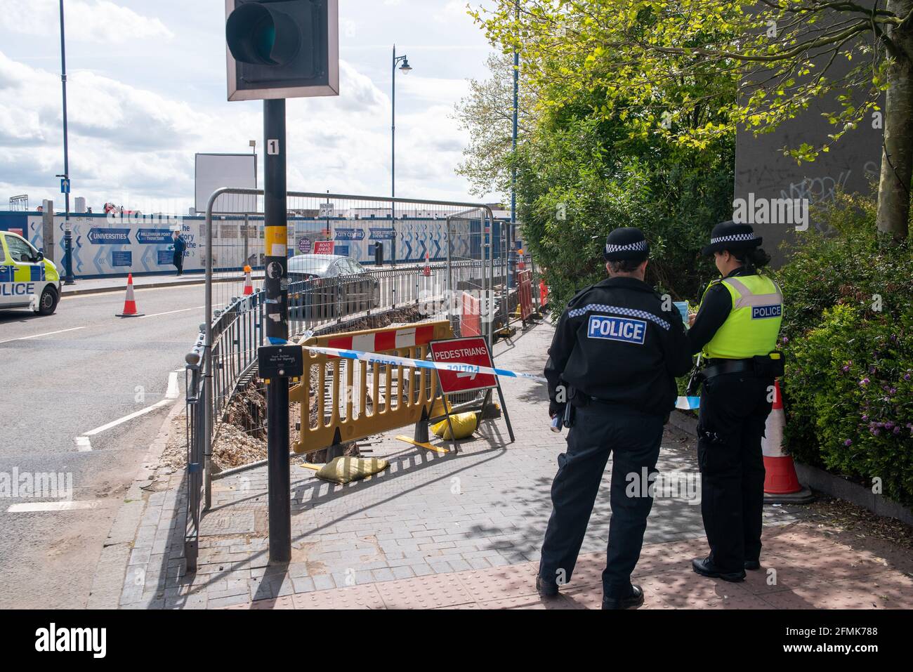 Birmingham, UK. 10th May 2021: West Midlands Police are investigating after human remains were discovered under a pavement by construction workers on Sunday morning (9th May 2021). Credit: Ryan Underwood / Alamy Live News Stock Photo