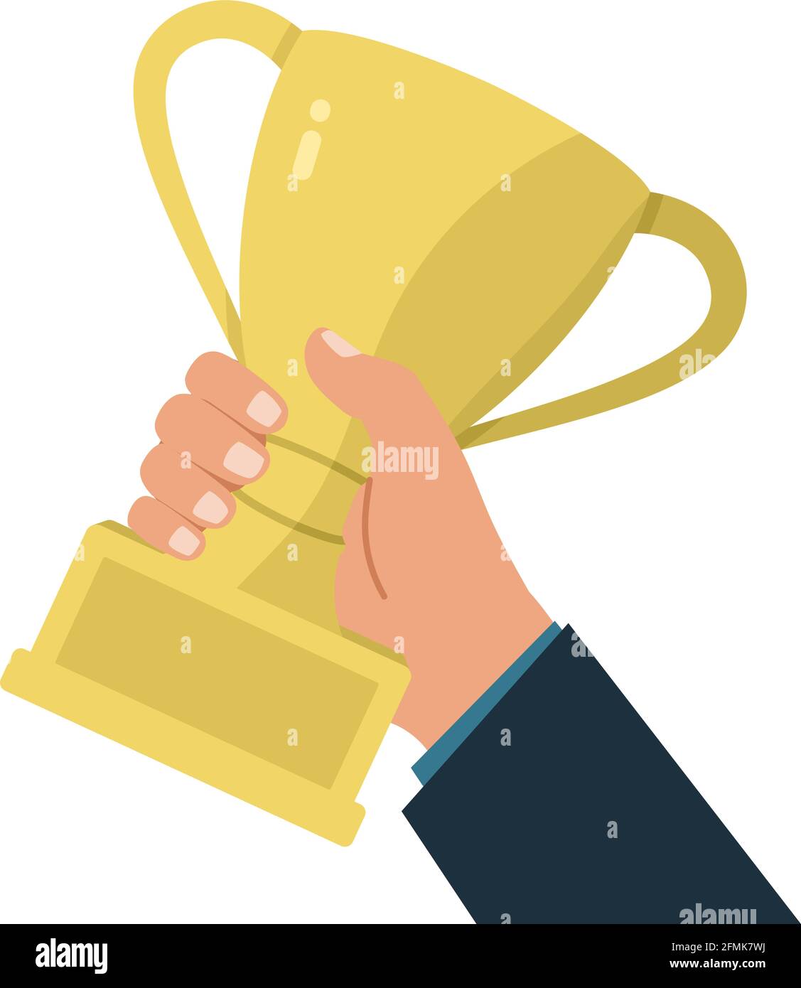 Vector illustration of a hand holding a gold trophy cup. The champion ...