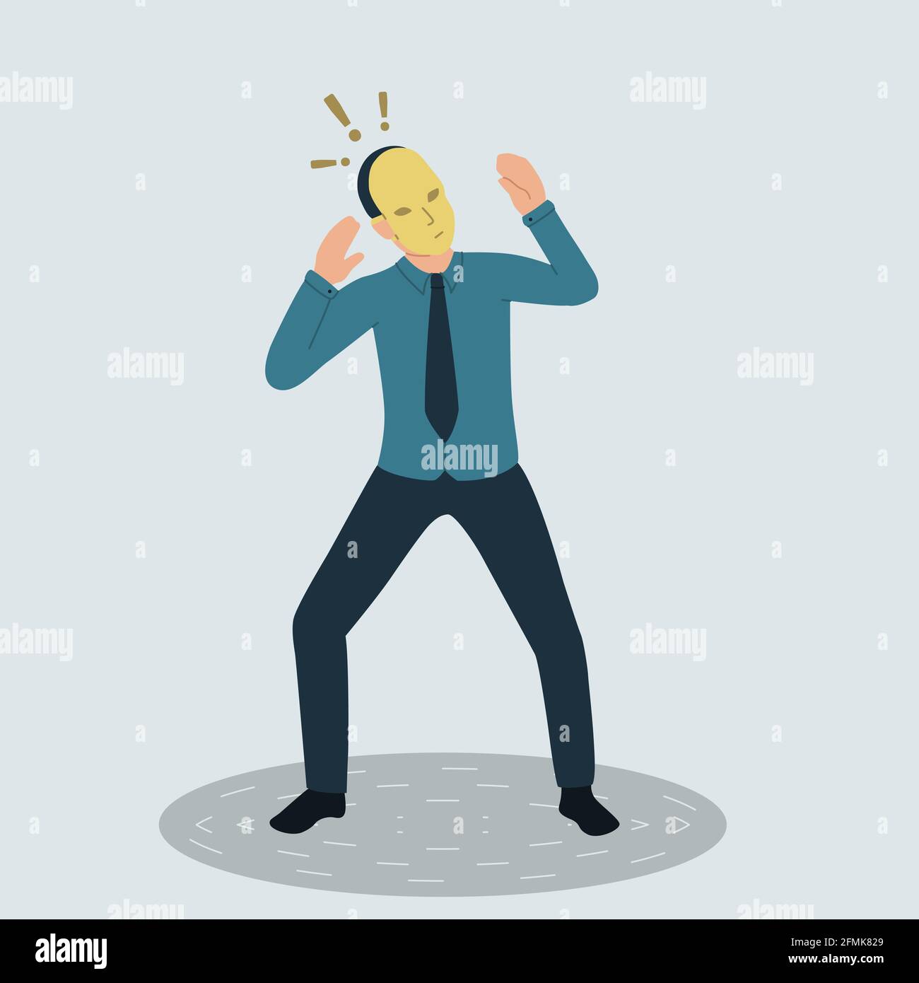 Vector illustration of a frightened businessman wearing a theater mask. The mysterious man hides his identity under a mask. Fear of being exposed. Stock Vector