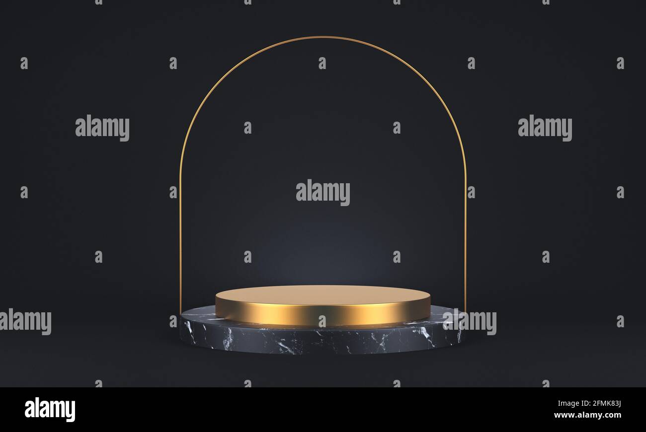 3d rendering of dark marble and gold pedestal on black background ...