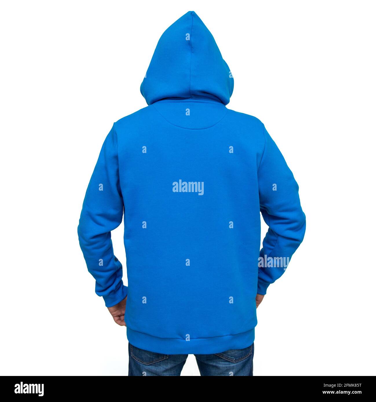 Blue hoodie with a hood on a man isolated on a white background, back view. Layout. Mockup for production Stock Photo