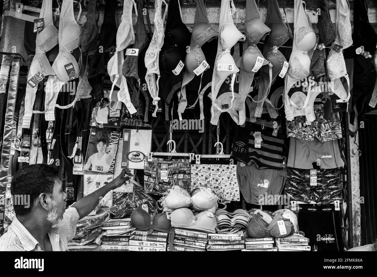 Bra shop display in the market, I captured this image Chak Bazar, Dhaka, Bangladesh, Asia Stock Photo