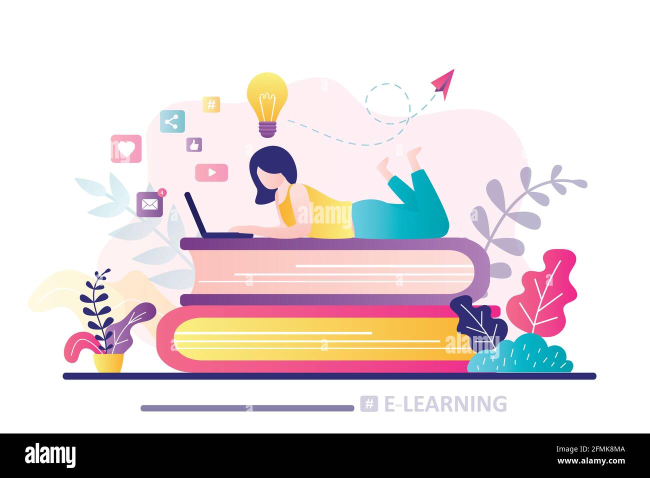 E-learning banner. Online education, home schooling. Girl student working on laptop. Web courses or tutorials. Education, brainstorming concept. Woman Stock Vector