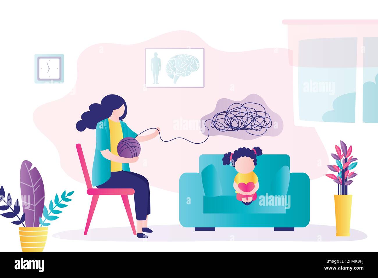 Girl kid at consultation with psychologist. Doctor is talking with teenager. Psychoanalysis, professional solves mental problems. Room interior. Femal Stock Vector