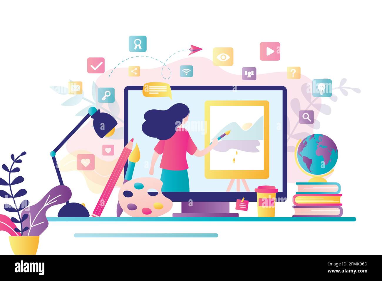 Online art class. E-learning technology, distance education. Tutorials and web courses. Woman art teacher on screen, blogger with brush and easel. Dra Stock Vector