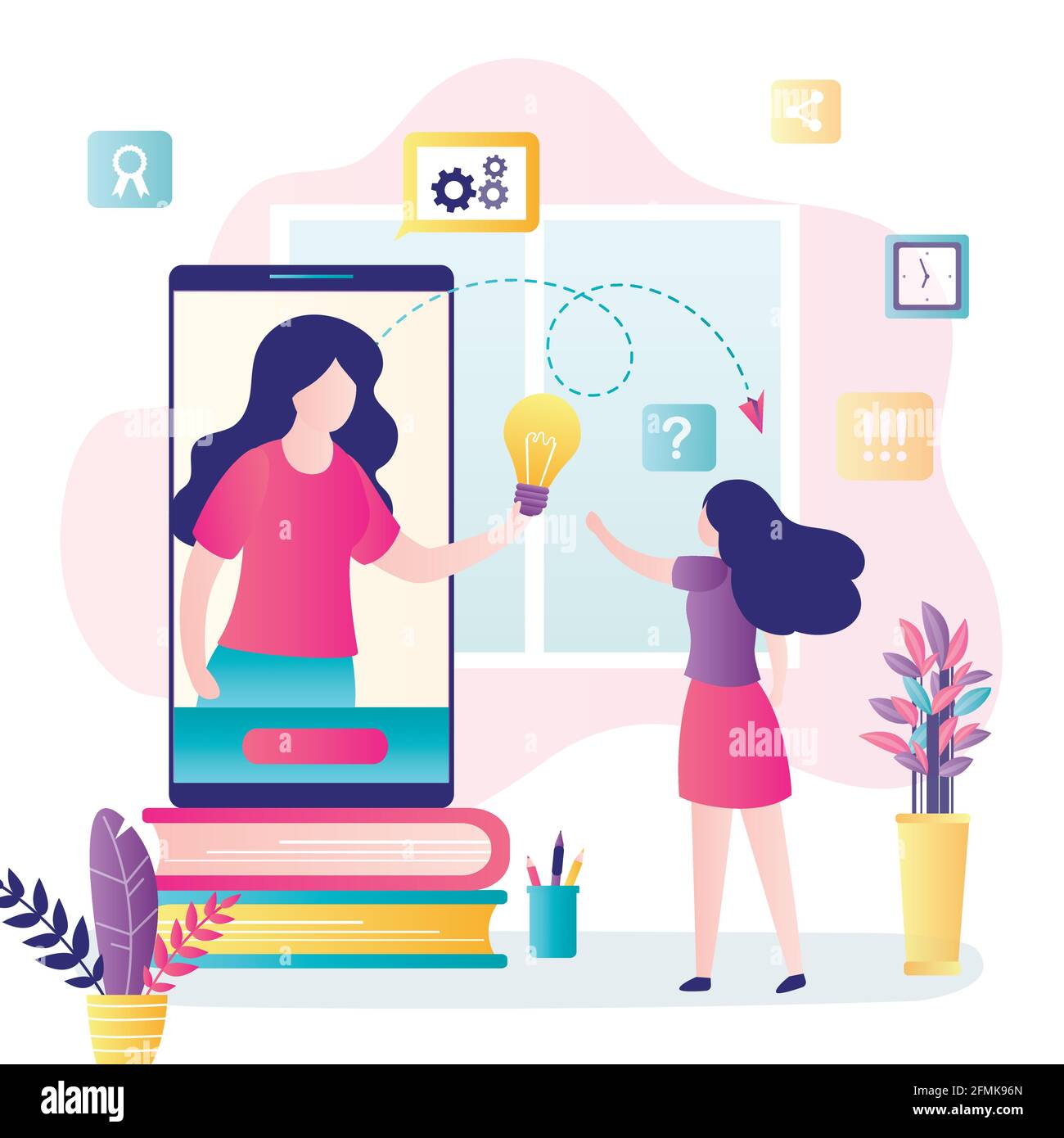 E-learning, online education or home schooling. Girl student gets new knowledge and ideas. Mobile phone with courses or tutorials. Education concept. Stock Vector