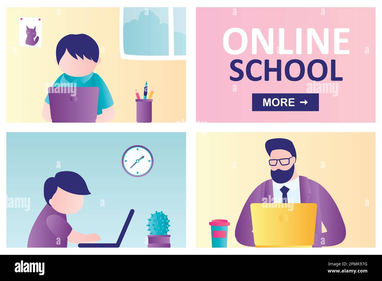 Online school landing page template. Children stay home and engaged on computer. Male teacher or tutor distance learning kids. School Boys watching on Stock Vector