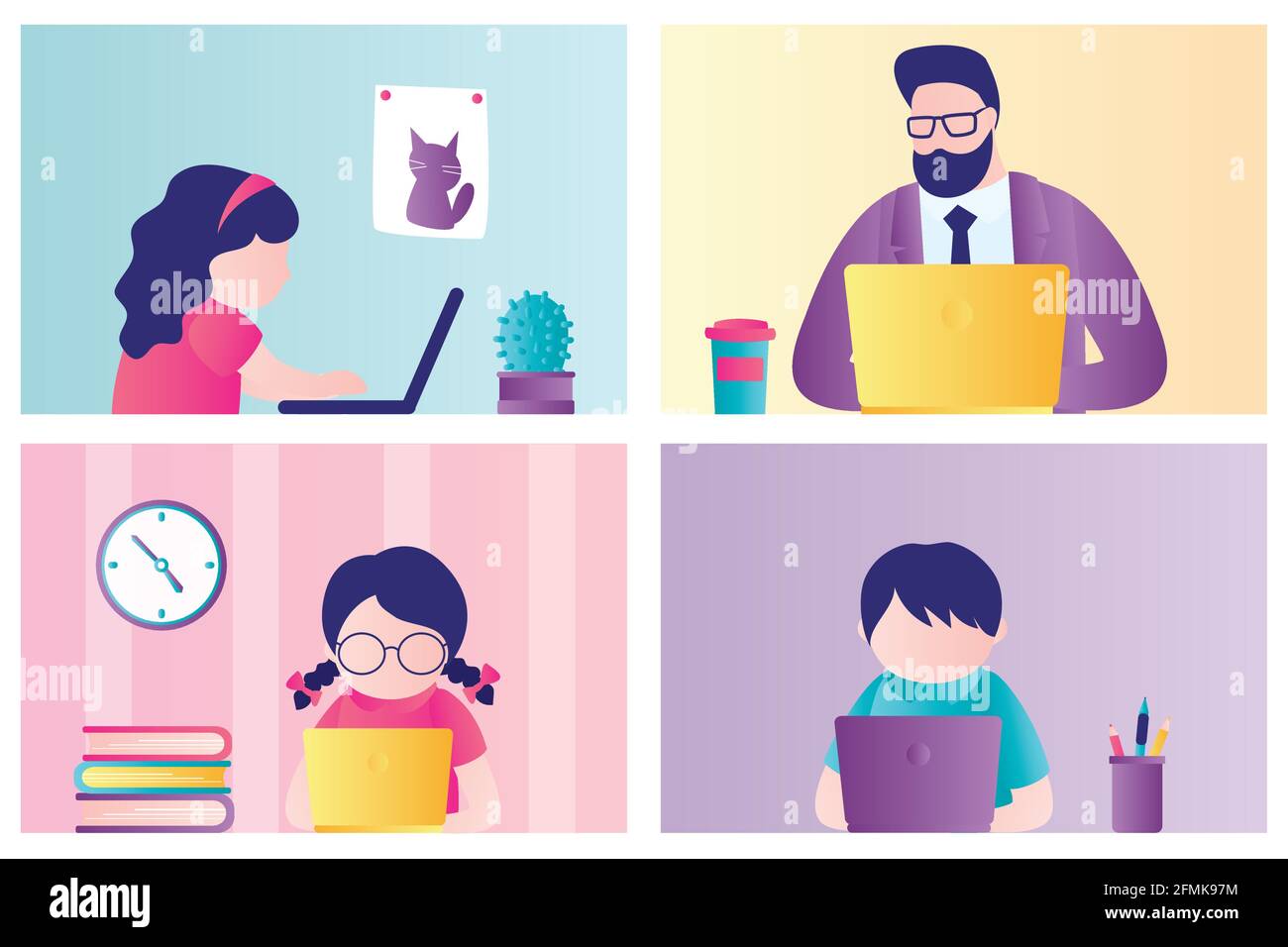 Banner of online school education. Children stay home and engaged on computer. Male teacher or tutor distance learning kids. Girl and boy watching onl Stock Vector