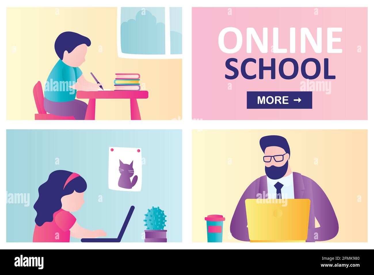 Online school landing page template. Children stay home and engaged on computer. Male teacher or tutor distance learning kids. Girl and boy watching o Stock Vector