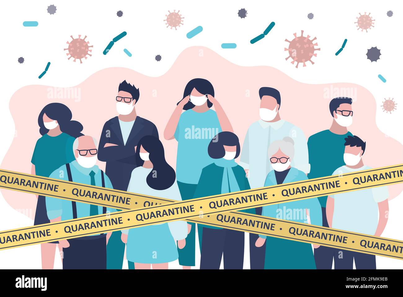 Total quarantine or self-isolation. Various sick people in protective masks. Crowd of humans under warning tapes. Stop coronavirus. Viral infection Co Stock Vector