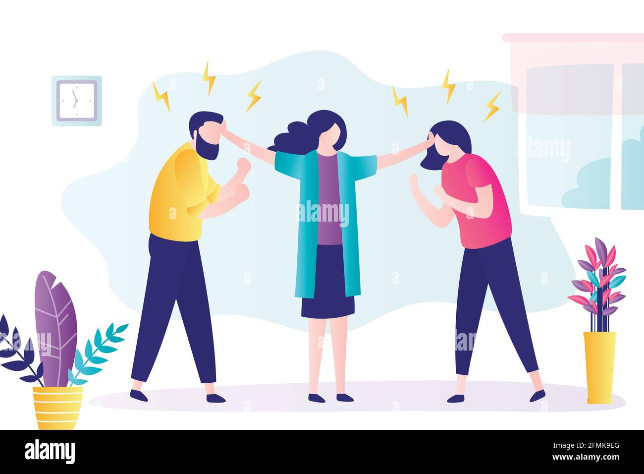 Female doctor does not let couple fight. Psychoanalysis, professional solves mental problems. Room interior. Family conflict. Unhappy couple at consul Stock Vector