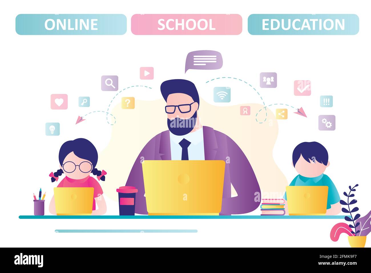 Banner of online school education. Children stay home and engaged on computer. Male teacher or tutor distance learning kids. Girl and boy watching onl Stock Vector