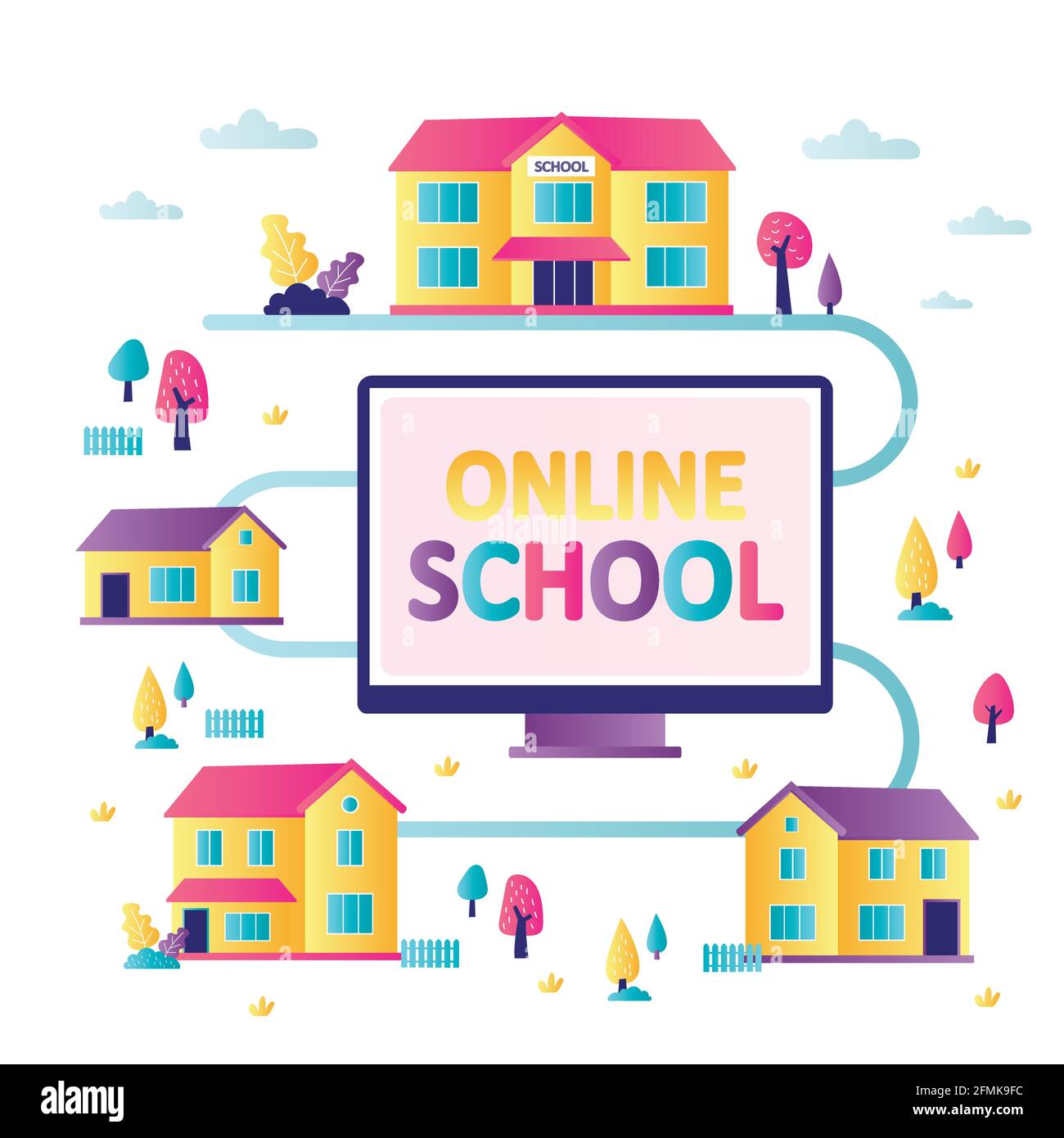 Online school in every house. Accessibility of e-learning and development of internet education. Various city buildings and monitor with online school Stock Vector
