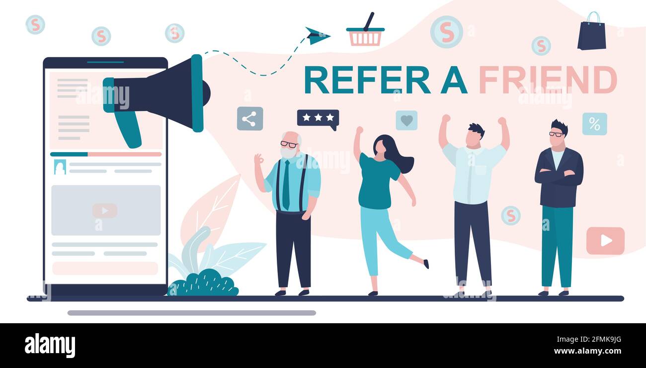Referral marketing concept. Video content on modern smartphone attracting new customers or partners. Refer a friend, banner template. Group of various Stock Vector