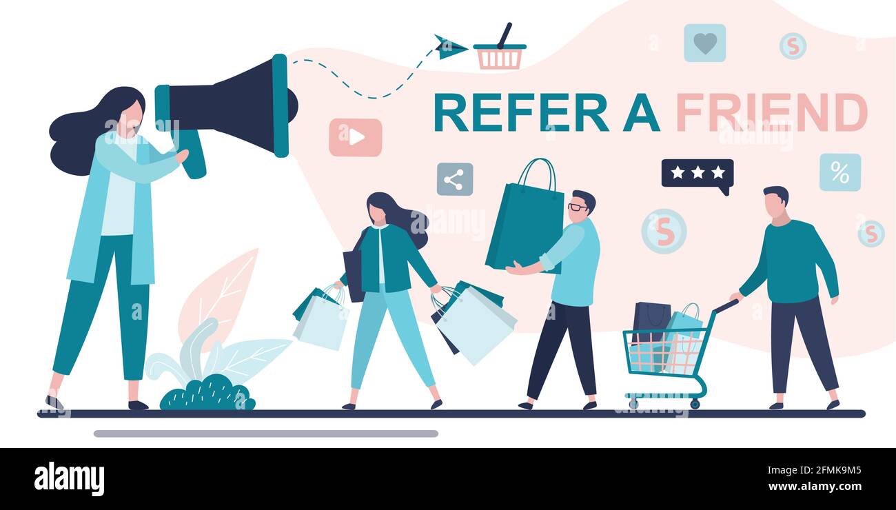 Referral marketing concept. Woman speaker use megaphone for attracting new customers or partners. Refer a friend banner. Shopping and consumerism. Gro Stock Vector