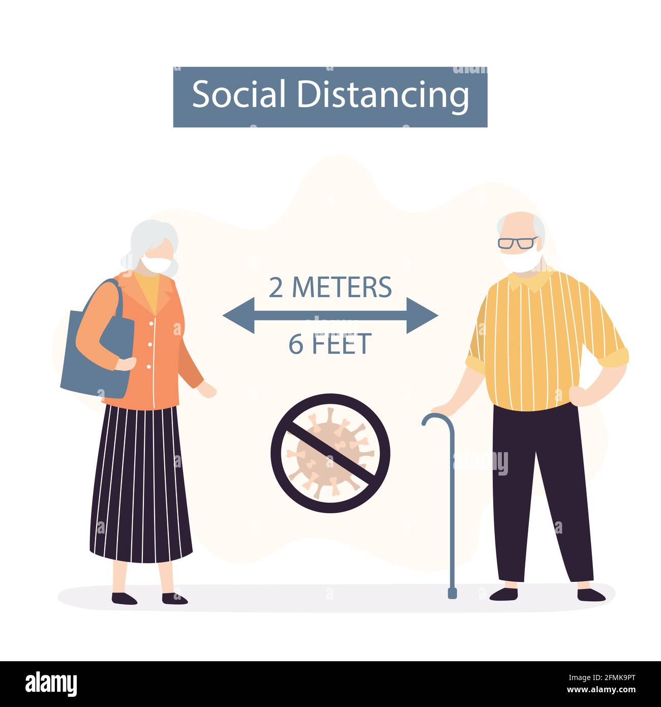 Social Distancing, two old people keeping distance for infection risk and disease. 2 meters or 6 feet distance between humans. Covid-19 prevention ban Stock Vector