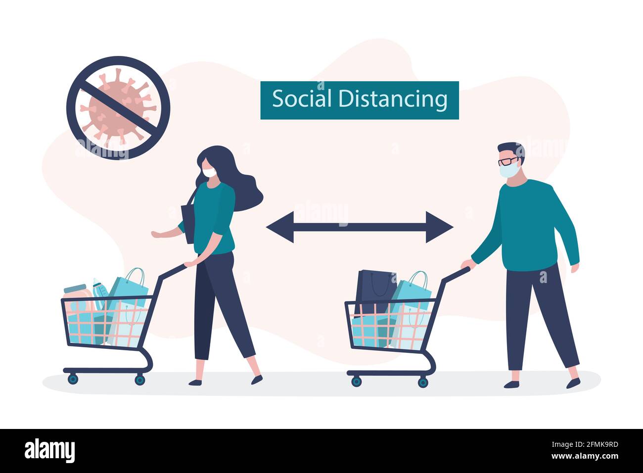 Social Distancing in supermarket or store. Two people with shopping trolleys keeping distance for infection risk and disease. Covid-19 prevention bann Stock Vector