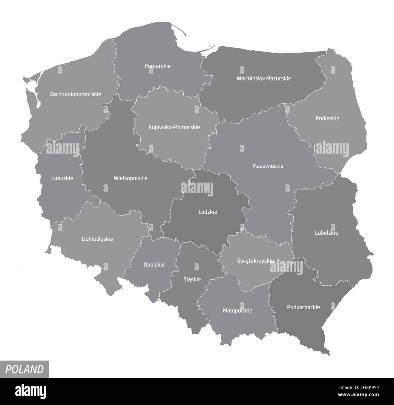 The administrative map of Poland isolated on white background Stock Vector