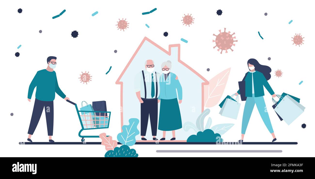 Stay home concept. Healthy elderly people at home. Help for old people during quarantine. Grandparents at self-isolation. Humans bring shopping, groce Stock Vector