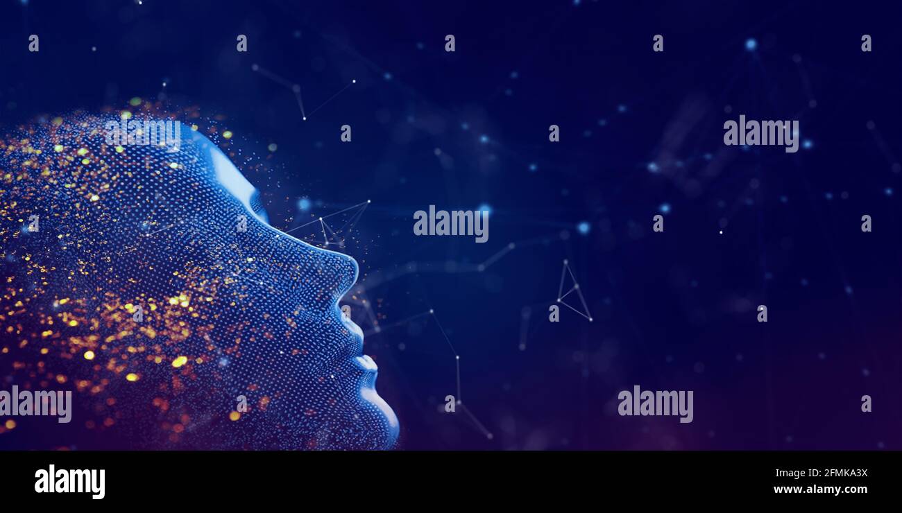 Big data and artificial intelligence concept. Machine learning and cyber mind domination concept in form of women face on dark blue technology Stock Photo