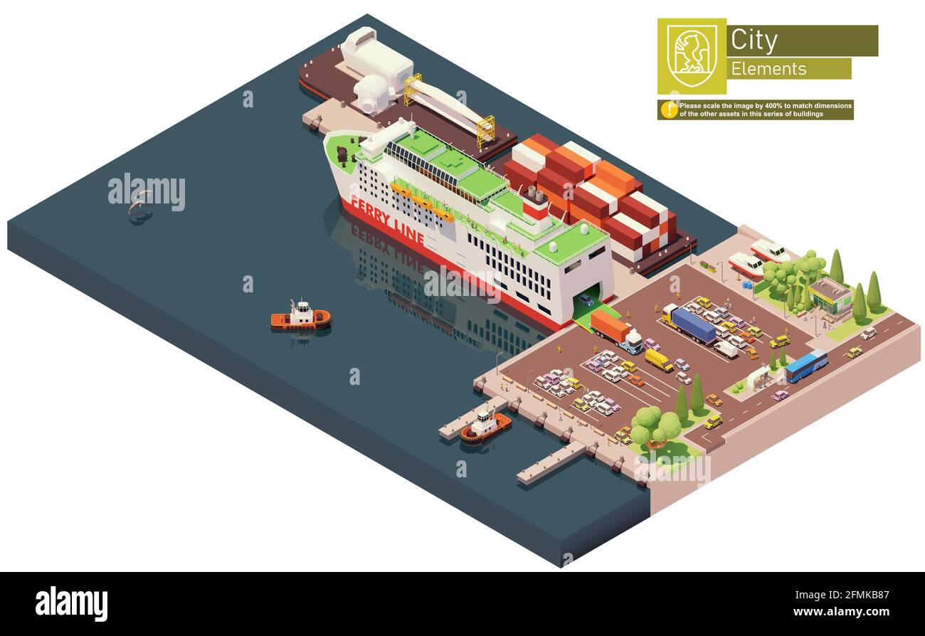 Vector isometric ferry ship unloading or at the port Stock Vector