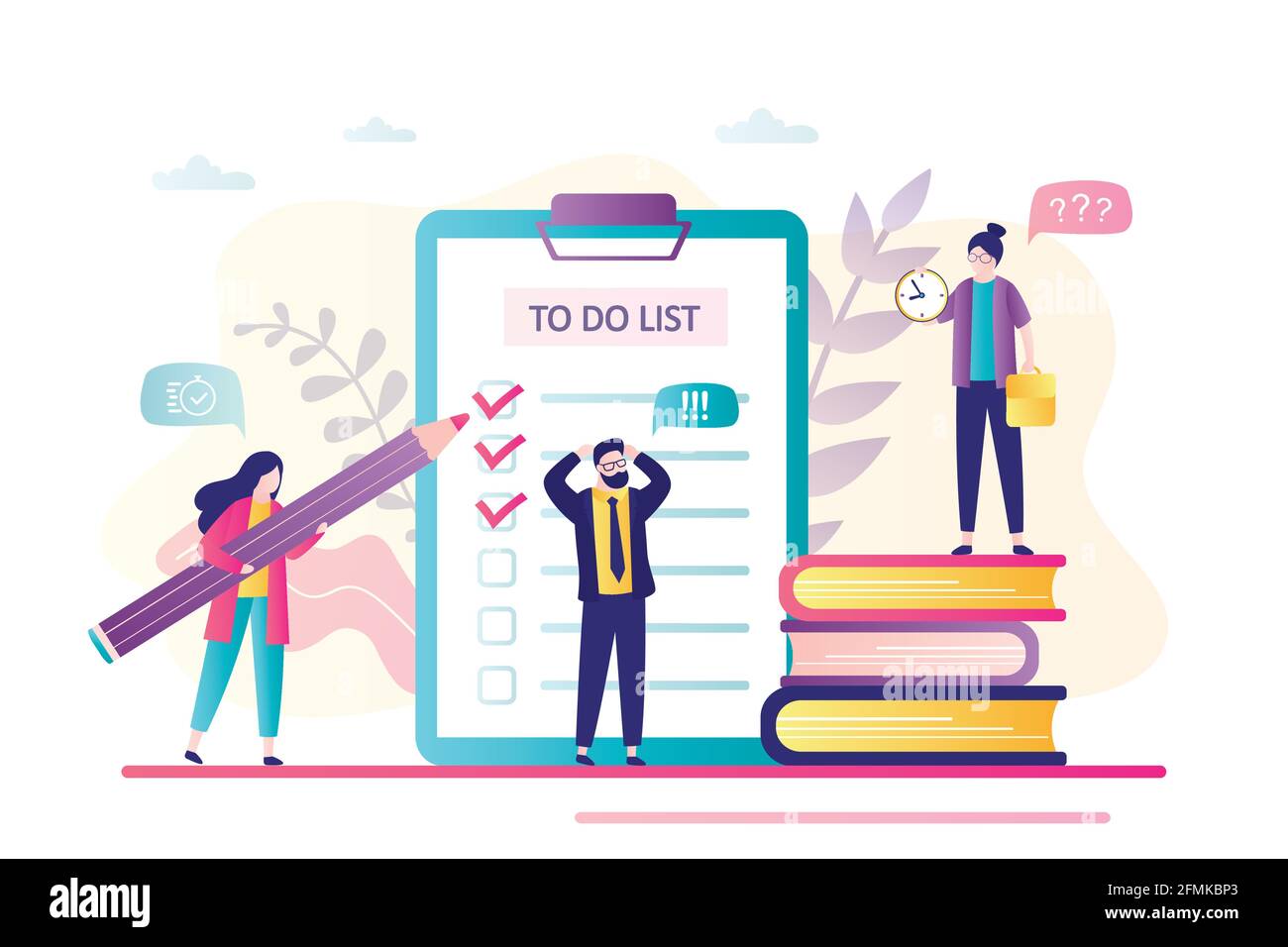 Time management, persons planning work. To do list planner and group businesspeople. Office day, project and teamwork. Tiny people do tasks,check sche Stock Vector